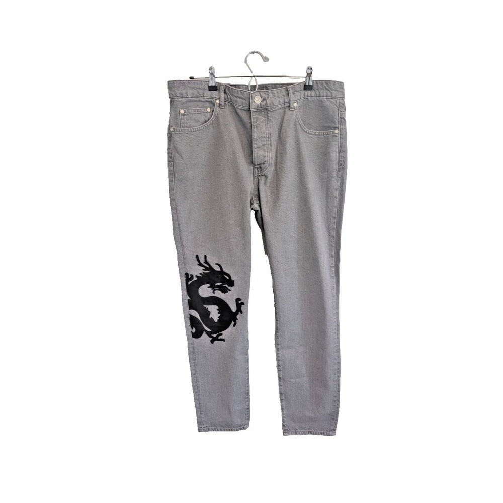 Boohoo Man Skinny Rigid Dragon Appliqué Gray Jean Streetwear Pants Size 38